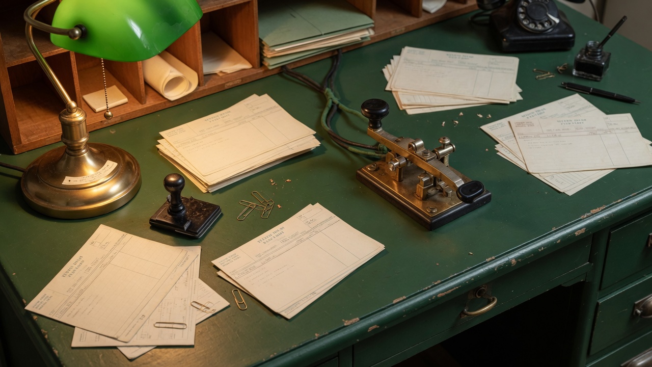 Brass telegraph key on forest green baize under a banker's lamp
